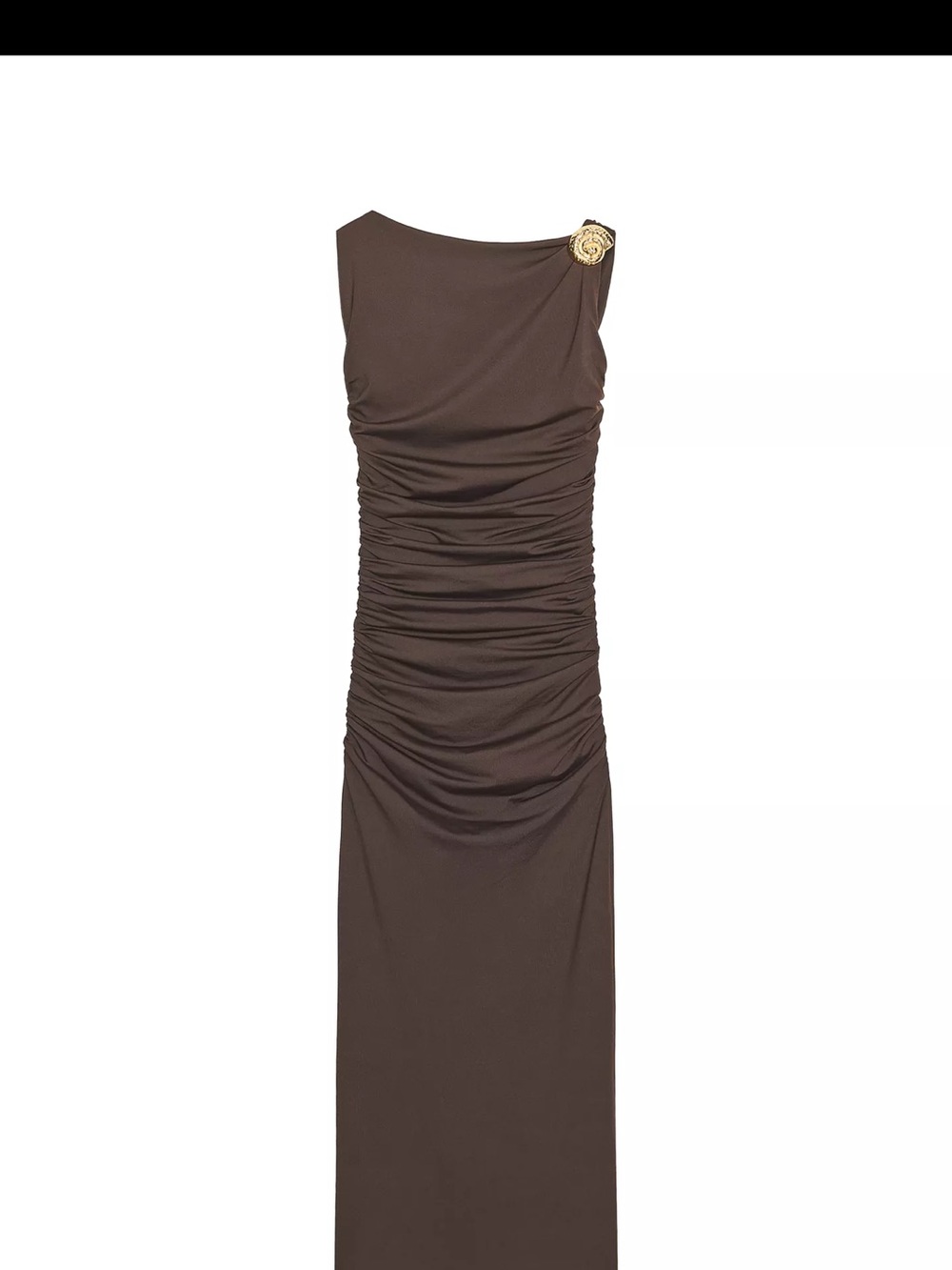 Zara Brown Sleeveless Ruched Midi Dress with Gold Brooch